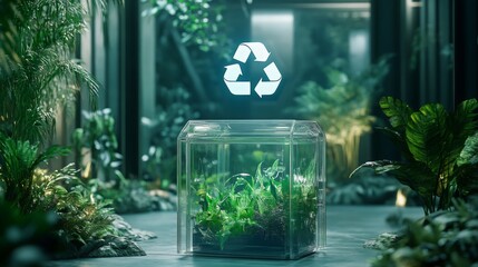 Aufkleber - A glass terrarium filled with vibrant greenery sits under a glowing recycling symbol in a lush environment. The setting showcases an eco-friendly concept, emphasizing sustainability and nature.
