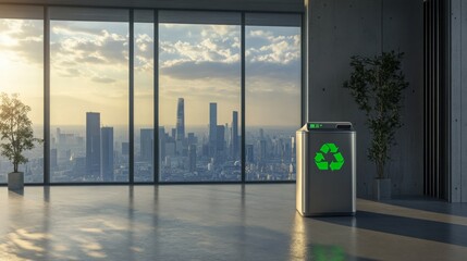 Poster - A modern office has a green-logo recycling bin by a large window, showcasing a stunning sunset over a bustling city skyline, blending sustainability and style.