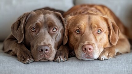 Wall Mural - Two dogs resting side by side on a couch, showcasing their expressions in a cozy living room