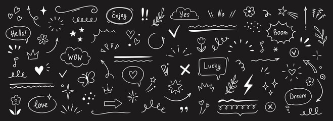 Poster - Cute line sketch star, arrow, heart decoration element icon set. Hand drawn sketch doodle cute star, emphasis, flower element. Pen line text decoration shape icon. Chalkboard vector illustration.