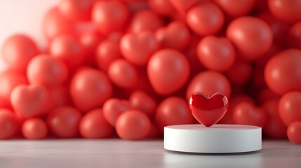 Poster - Vibrant and cheerful Valentine s Day sale banner featuring a collection of heart shaped red balloons with soft lighting effects and a central pedestal for an elegant marketing composition