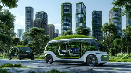 Poster - Eco Friendly Future City with Sustainable Electric Transport and Smart Buildings 3D Visualization of a Green Technology Driven Urban Environment Focused on Renewable Energy Efficient Infrastructure