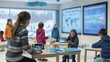 © NAIMAH - Girl uses tablet in modern classroom, winter view, kids learning