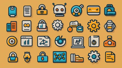 Monoline design icons illustrating artificial intelligence and machine learning concepts, including a robot head, gears, neural connections, and data flow for digital innovation themes.