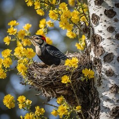 Wall Mural - A woodpecker in a nest on a birch tree with bright yellow flowers below.