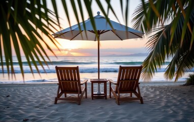 Wall Mural - A tranquil beach scene at sunrise with two wooden lounge chairs positioned under a white umbrella.