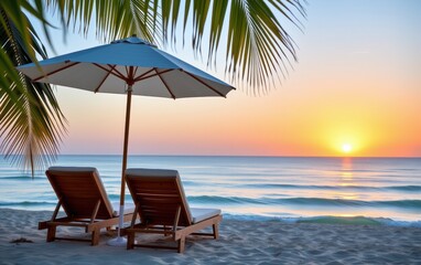 Wall Mural - A tranquil beach scene at sunrise with two wooden lounge chairs positioned under a white umbrella.