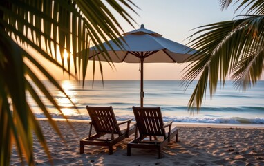 Wall Mural - A tranquil beach scene at sunrise with two wooden lounge chairs positioned under a white umbrella.