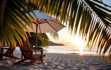 Wall Mural - A tranquil beach scene at sunrise with two wooden lounge chairs positioned under a white umbrella.