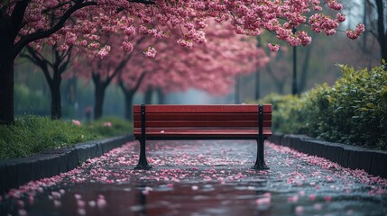 Rainy park bench, cherry blossoms, petals, spring