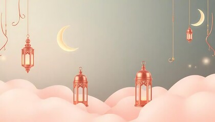 Wall Mural - Ramadan Lanterns Hanging in Clouds With Crescent Moons