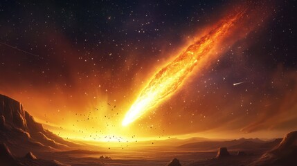 Wall Mural - A meteorite piercing through the atmosphere and hitting a desert planet, causing a burst of light and a fiery explosion, with stars scattered in the distance.