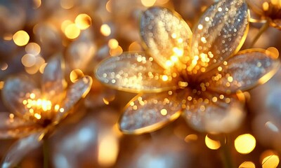 Wall Mural - A close-up of shimmering golden flowers with sparkling details, creating a magical ambiance.