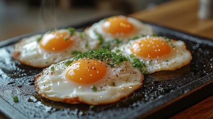 Wall Mural - Deliciously Cooked Fried Eggs on Glossy Black Plate with a Beautiful Contrast of White and Yellow Yolk Creating an Inviting and Appetizing Breakfast Scene Perfect for Food Lovers