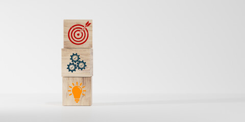 Wall Mural - woods block step on table with icon action plan, goal and target, success and business target concep