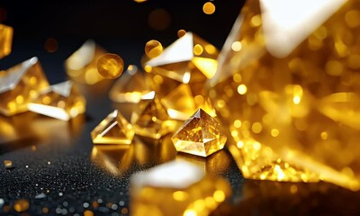 Wall Mural - A close-up view of shimmering golden crystals with sparkling reflections.
