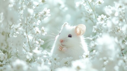 Wall Mural - White Mouse Among Delicate Blossoms