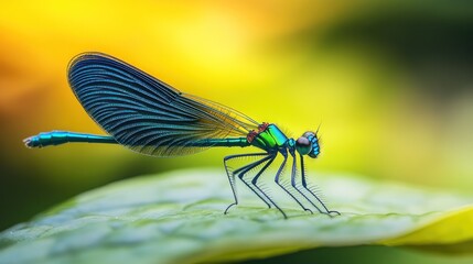 Wall Mural - Vibrant Dragonfly on a Green Leaf