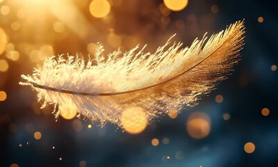 Wall Mural - A delicate feather illuminated by warm light, surrounded by soft bokeh effects.