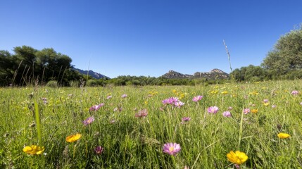 Fototapete - Vibrant wildflowers bloom in a Mediterranean meadow, mountains in the background, perfect for travel brochures