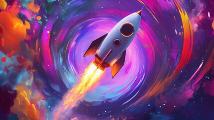 Aufkleber - A small rocket ascends through a mesmerizing swirl of colors and cosmic elements, leaving a trail of orange flames