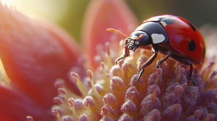 Sticker - Ladybug on a Pink Flower in Sunlight