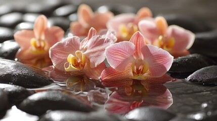 Wall Mural - Pink Orchids Floating on Black Stones and Water