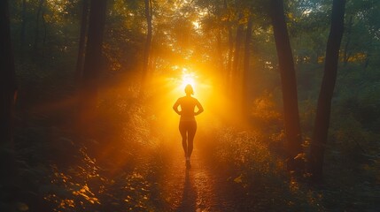 Aufkleber - A solitary runner navigates a tranquil forest trail, bathed in the warm glow of the sunrise. The vibrant light filters through the trees, creating a serene atmosphere perfect for a morning workout.