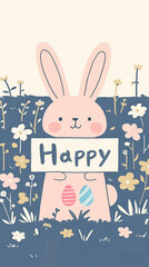 Wall Mural - cute cartoon bunny holding sign that says Happy surrounded by flowers