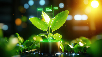 Poster - vibrant green plant is illuminated in high tech environment, showcasing AI powered environmental monitoring system. scene conveys innovation and sustainability