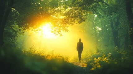 Aufkleber - In the quiet of early morning, a person strolls along a gentle path surrounded by tall trees and vibrant foliage, illuminated by warm sunlight filtering through the leaves.