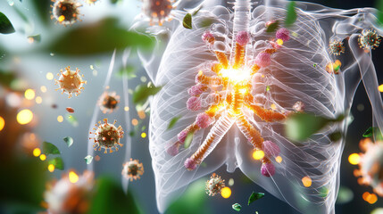 Poster - 3D rendered depiction of virus activity in human lungs, showcasing infection and immune response. image illustrates dynamic interaction between pathogens and lung cells
