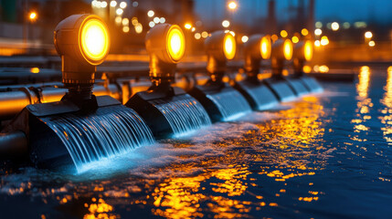 Fototapete - stunning view of illuminated water features cascading from hydroelectric dam, showcasing interplay of light and water at dusk