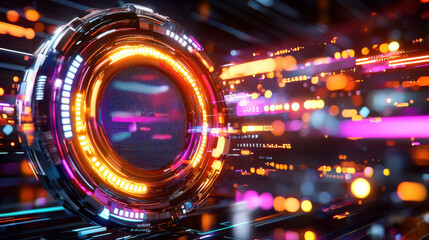 Aufkleber - futuristic 3D visualization featuring glowing circular design with vibrant colors and dynamic light patterns, creating sense of motion and technology