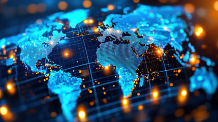 Leinwandbilder - digital world map with glowing blue dots and lines, representing global connectivity and technology. vibrant colors create modern and dynamic feel