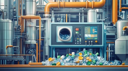 Fototapete - A pile of plastic bottles are being recycled in a factory setting. The bottles are in front of a machine with a large opening. There are pipes and other industrial equipment in the background.