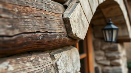 Wall Mural - Rustic Log Cabin Exterior: Weathered Wood and Stone Architecture. A Detailed Look at the Textured Walls and Vintage Design Elements of a Charming Home.