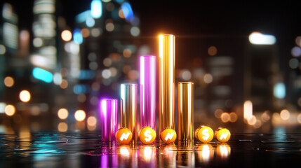 Poster - vibrant 3D bar chart with glowing colors representing financial growth, set against blurred city skyline. chart features currency symbols, conveying sense of prosperity and investment