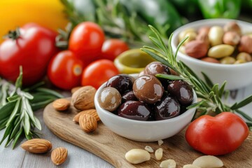 Wall Mural - An inviting scene of a Mediterranean diet snack, featuring olives, hummus