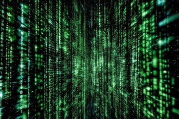 visual representation of digital data flowing in a futuristic virtual environment with green binary 