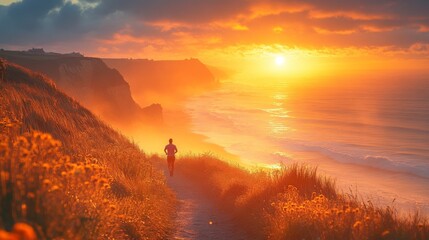 Poster - A person jogs along a coastal trail as the sun sets over the horizon, casting vibrant orange and pink hues across the sky and reflecting on the ocean waves.