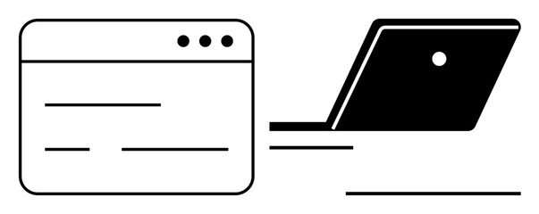 Line art showing a laptop and a web browser window. Ideal for technology, web development, communication, online learning, digital marketing, remote work, IT concepts. Minimalistic abstract line