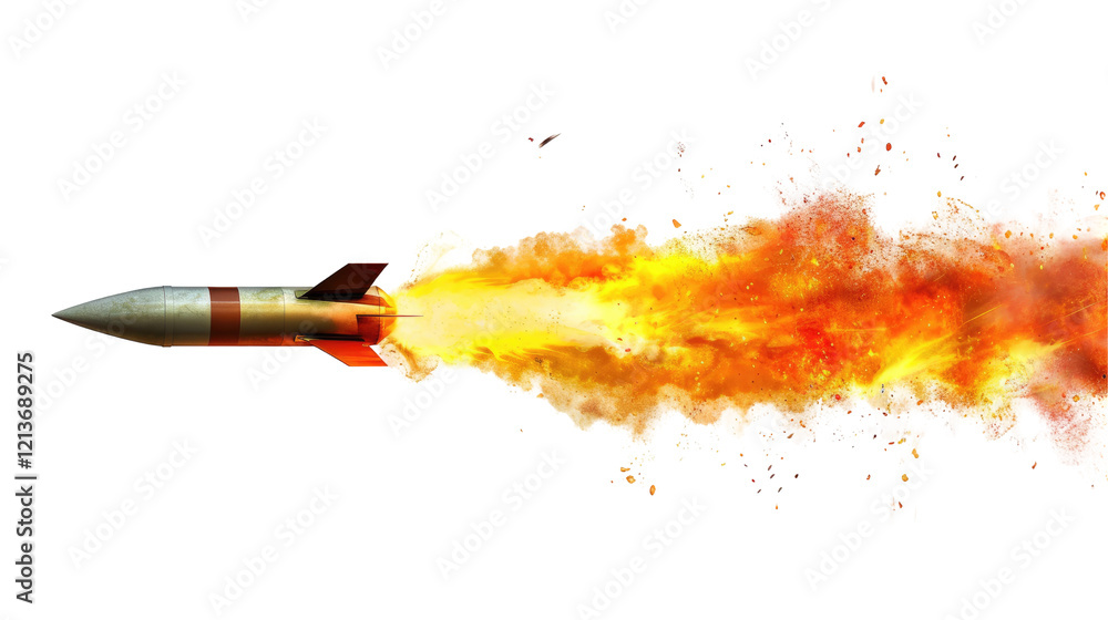 A missile rocket with fire trail isolated on transparent white ...