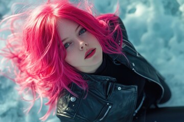 Canvas Print - Woman with pink hair sits in snow