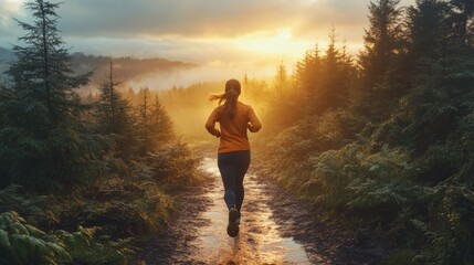 Aufkleber - In the early morning light, a woman jogs along a muddy forest path. Mist swirls around the trees as the sun rises, creating a tranquil atmosphere for her run.