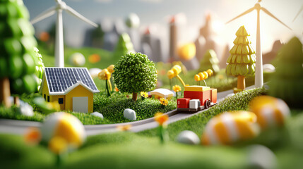 Aufkleber - vibrant landscape showcasing renewable energy innovations, featuring solar powered house, wind turbines, and delivery truck on winding road