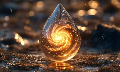 Wall Mural - A glowing droplet encapsulating a swirling galaxy, blending nature and cosmic wonder.