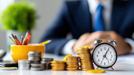 Fototapete - Maximize productivity with time management and financial planning. businessman balances work and life, surrounded by coins and clock, symbolizing success