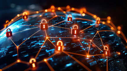 Fototapete - digital globe with connected nodes and security locks, symbolizing cybersecurity and data protection. vibrant network highlights importance of secure connections in digital world