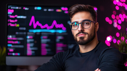Poster - digital marketing specialist analyzing PPC ad performance with graphs and data on monitor, showcasing focused expression in modern workspace